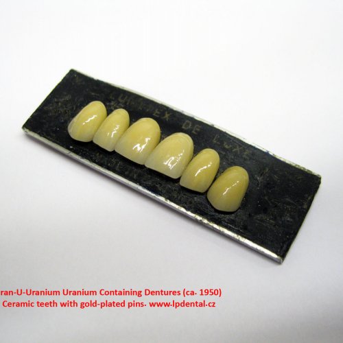 Uran-U-Uranium Containing Dentures ca.1950 Ceramic teeth with gold-plated pins. 7.jpg
