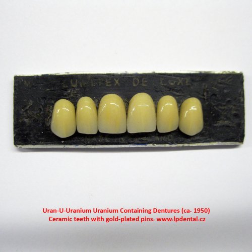 Uran-U-Uranium Containing Dentures ca.1950 Ceramic teeth with gold-plated pins. 6.jpg
